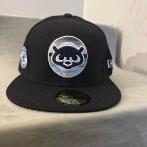 New Era Black and White Cap with Unique Embroidered Design Size 7 3/8